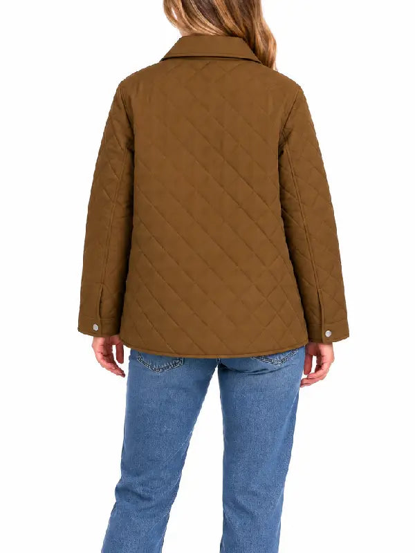 Woman wearing olive brown diamond quilted shirt jacket, back view showing quilted stitching