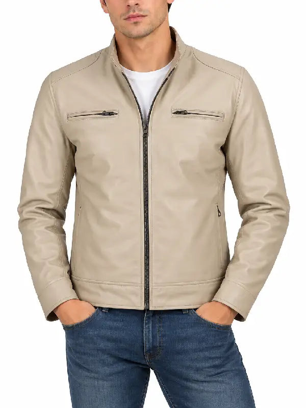 Men's Stone Beige Leather Biker Jacket – Front Closed View