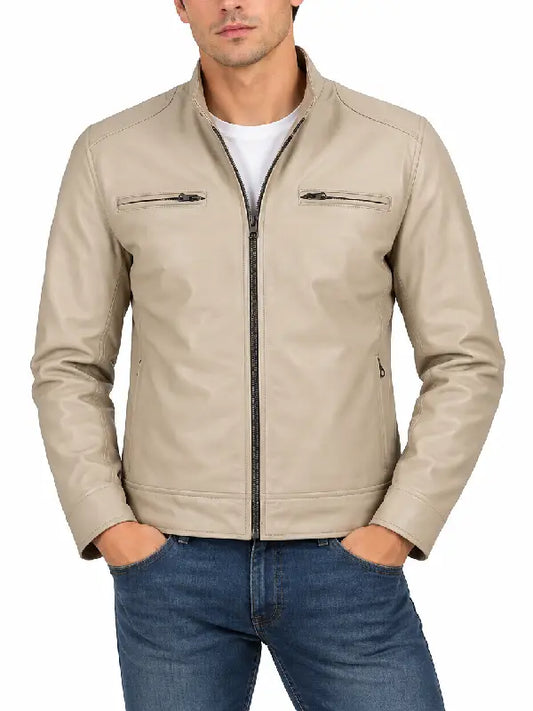 Men's Stone Beige Leather Biker Jacket – Front Closed View