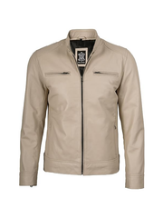 Men's Stone Beige Leather Biker Jacket – Front Closed View
