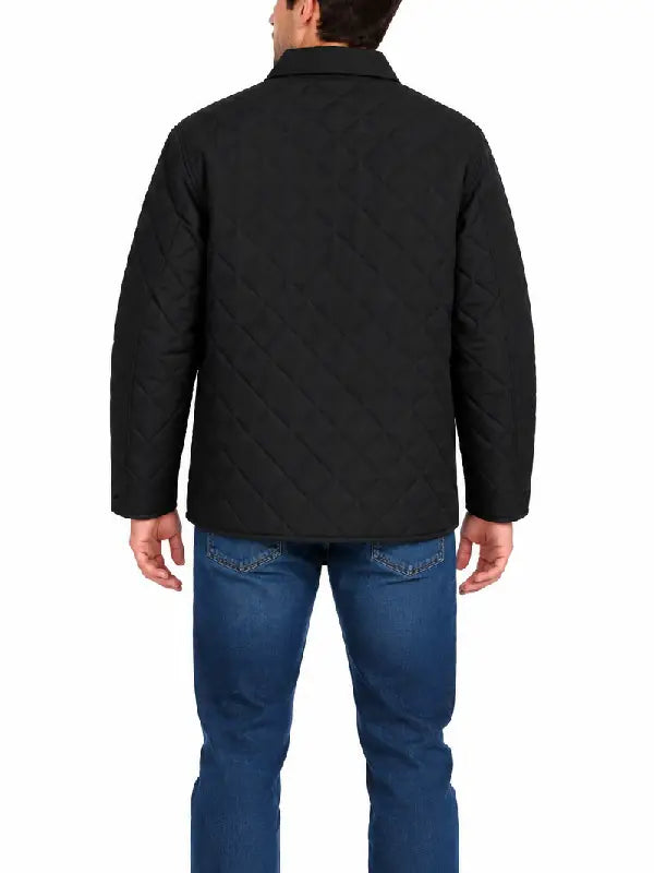 Man wearing black diamond quilted shirt jacket, back view