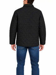 Man wearing black diamond quilted shirt jacket, back view