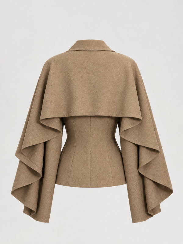 Women's camel wool ruffle cape-sleeve coat, back view showing draped sleeve detail and fitted waist