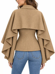 Women's camel wool ruffle cape-sleeve coat, back view showing draped sleeve detail and fitted waist