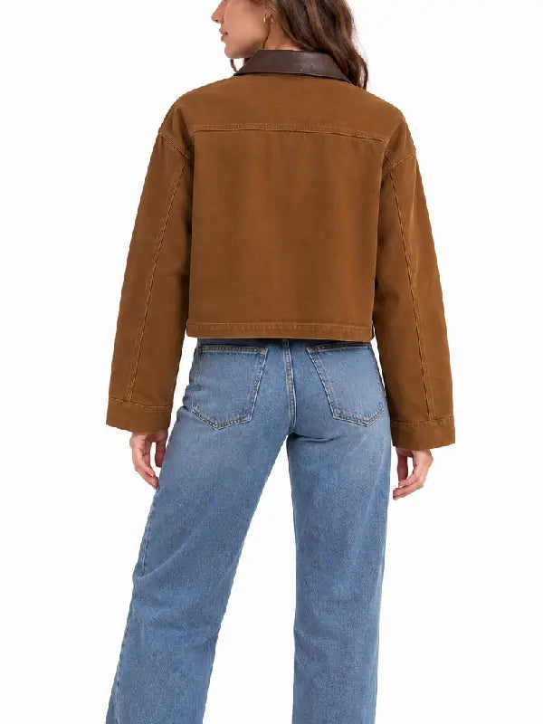 Back view of brown cropped workwear jacket with faux leather collar