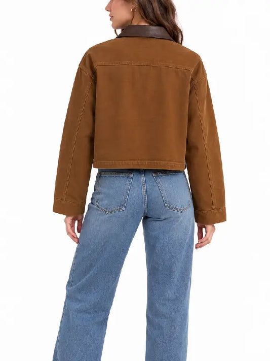 Back view of brown cropped workwear jacket with faux leather collar