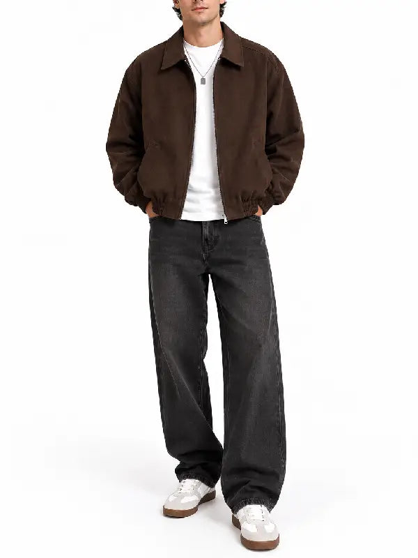 Men’s brown faux suede bomber jacket front view styled 
