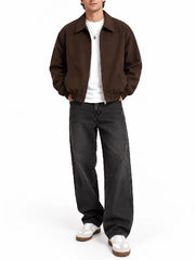 Men’s brown faux suede bomber jacket front view styled 