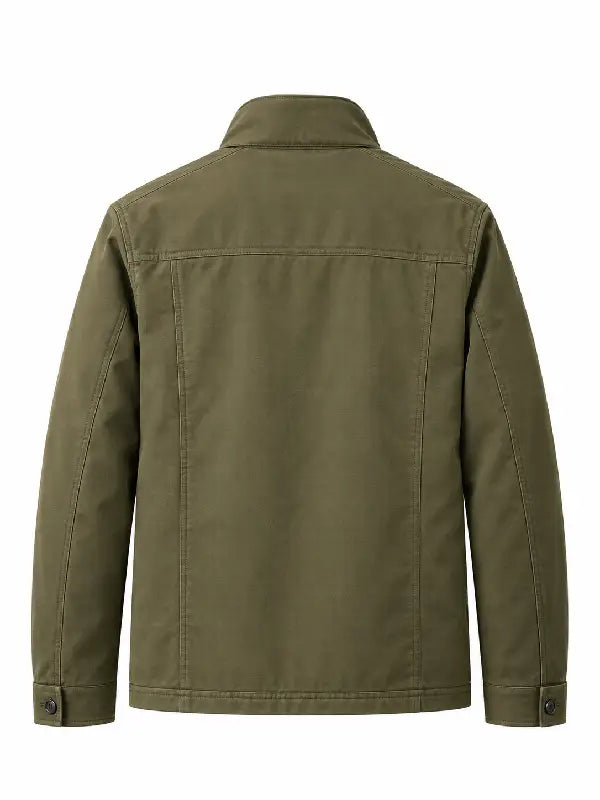 Back view of men's olive green cotton twill field jacket with yoke seam and button cuffs