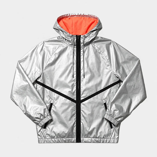 front view of metallic silver hooded windbreaker jacket