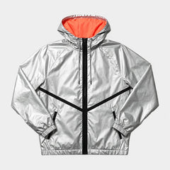 front view of metallic silver hooded windbreaker jacket