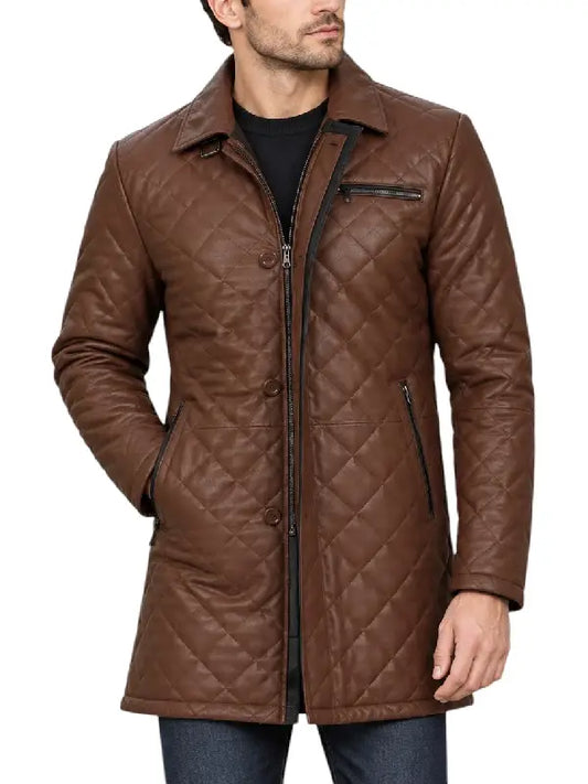 Men's brown leather jacket buttoned front view