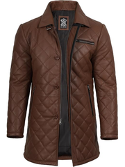 Men's brown leather jacket buttoned front view