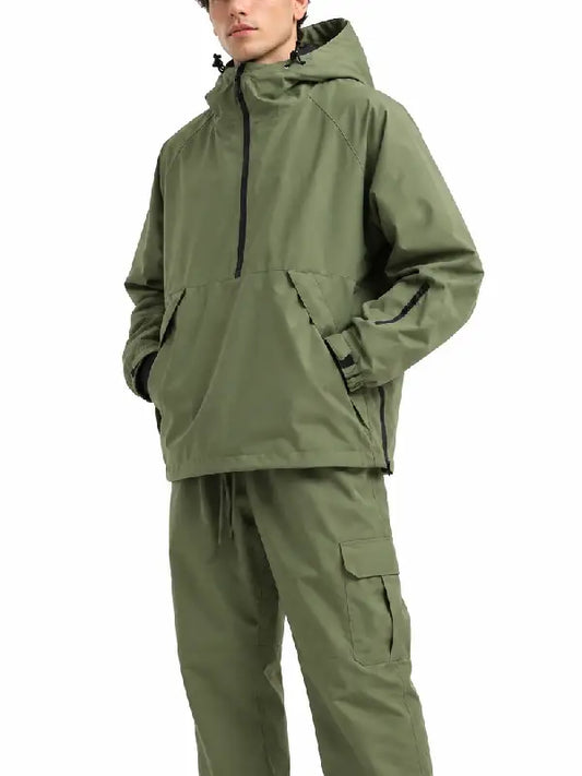 Man wearing an olive green half-zip hooded pullover jacket with angled hand pockets and zippered sleeve pocket