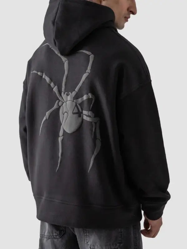 Men’s Black Graphic Hoodie with Front Icons & Large Spider Back Print – Oversized Fit