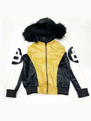 8 Ball Shearling Hooded Tri-Color Leather Bomber Jacket
