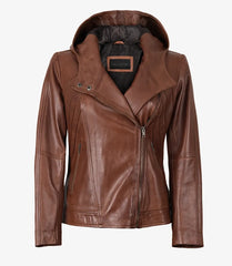 Women’s Brown Hooded Leather Biker Jacket
