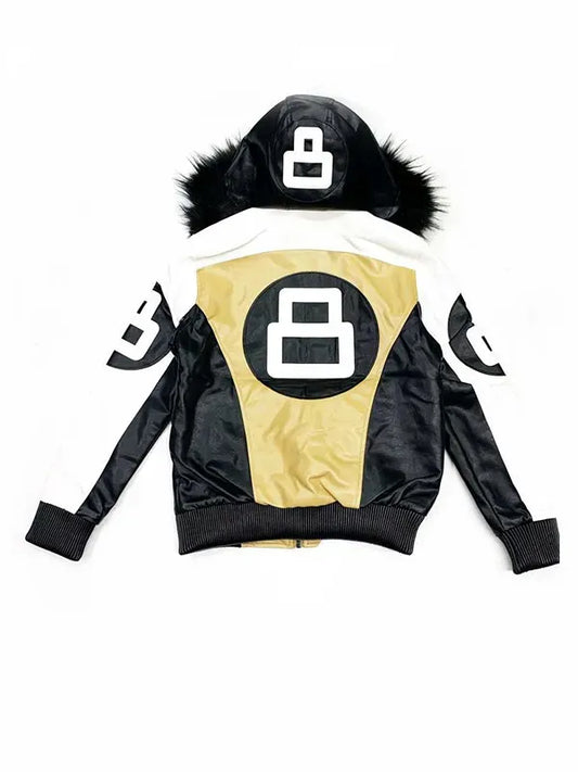 8 Ball Shearling Hooded Tri-Color Leather Bomber Jacket