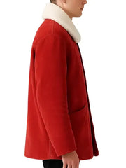Men’s Red Shearling Winter Coat with Faux Fur Collar – Warm Classic Outerwear