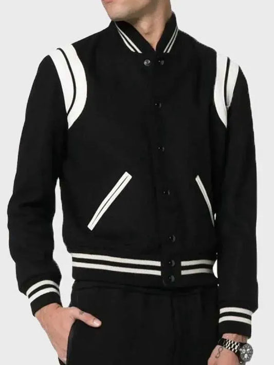 Men’s Black Varsity Bomber Jacket with White Stripes | Classic Wool Blend Letterman Jacket