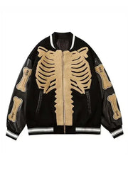 Skeleton Bone Harajuku Varsity Jacket – Retro Streetwear with 3D Bone Embroidery