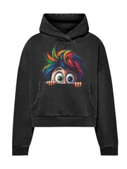 Funny Peeking Cartoon Hoodie with Rainbow Hair – Black Graphic Hoodie