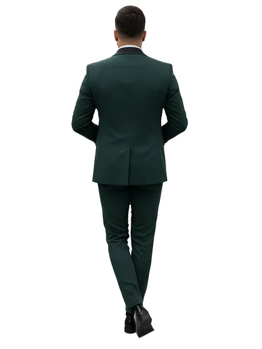 Men’s Dark Green 3 Piece Tuxedo Suit with Black Lapel - The Leather Jackets