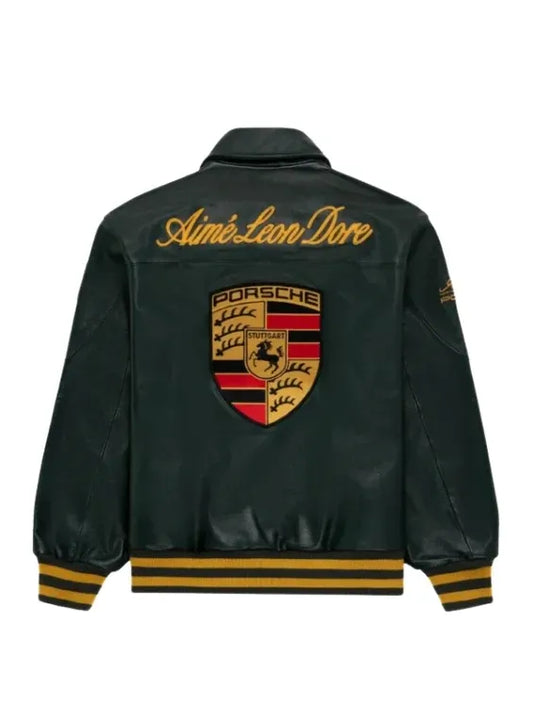 Aimé Leon Dore × Porsche Green Leather Jacket – Premium Vintage Motorsport Leather Bomber