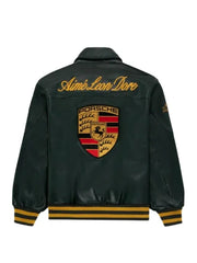 Aimé Leon Dore × Porsche Green Leather Jacket – Premium Vintage Motorsport Leather Bomber - The Leather Jackets