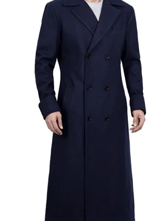 Men’s Navy Double-Breasted Long Wool Coat