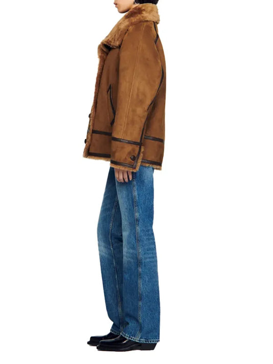 Premium Women’s Shearling Double Breasted Coat in Classic Brown