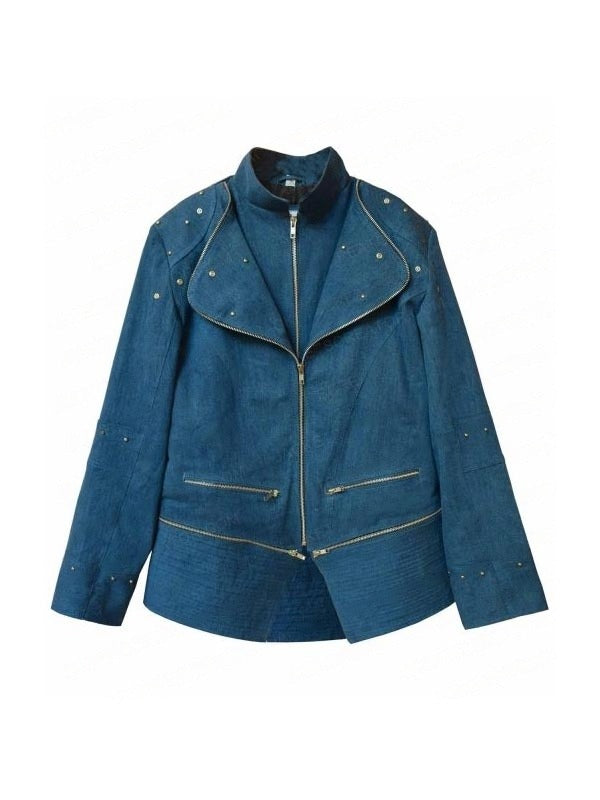 Women’s Blue Denim Asymmetrical Biker Jacket with Stud Details