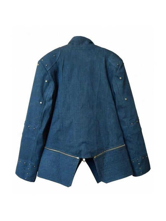 Women’s Blue Denim Asymmetrical Biker Jacket with Stud Details