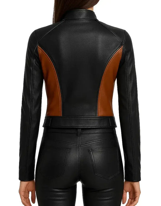 Women’s Black & Brown Leather Motorcycle Jacket