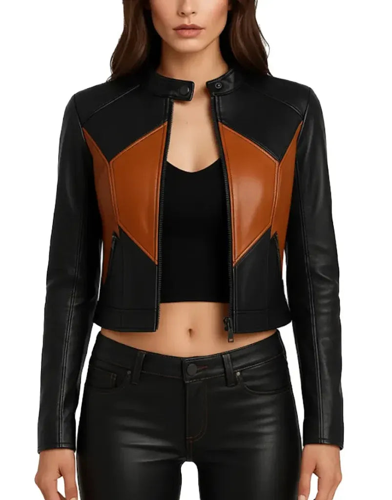Women’s Black & Brown Leather Motorcycle Jacket