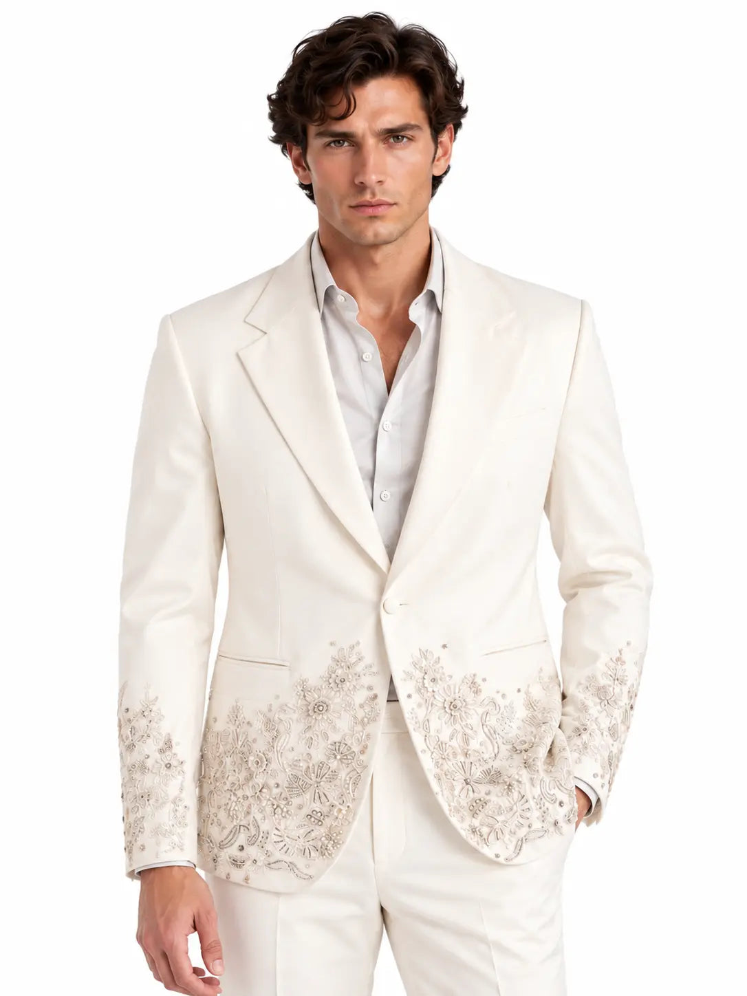 Young male model wearing ivory embroidered luxury suit for men