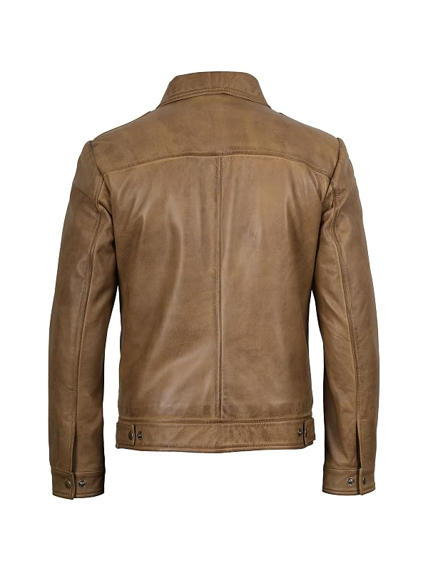 Men's tan distressed leather jacket back view showing shoulder seams and hem