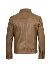 Men's tan distressed leather jacket back view showing shoulder seams and hem