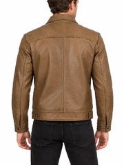 Men's tan distressed leather jacket back view showing shoulder seams and hem