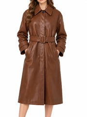 Front view of women’s brown real leather belted trench coat with button front and buckle belt