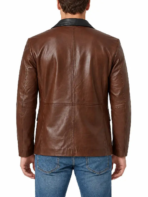 Men's Two-Tone Brown Black Leather Blazer Jacket – Back View