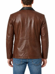 Men's Two-Tone Brown Black Leather Blazer Jacket – Back View