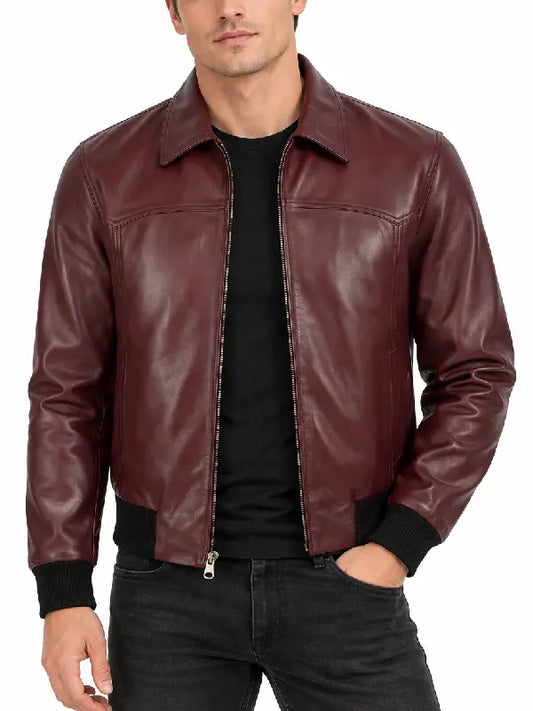 Men's maroon leather bomber jacket front view