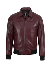 Men's maroon leather zip-up bomber jacket front view
