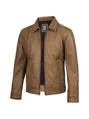 Men's tan distressed leather jacket front view showing collar and unzipped placket