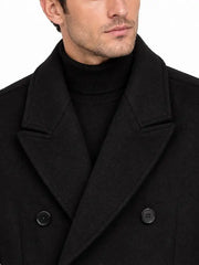Close-up of black wool overcoat lapel, collar, and button detail