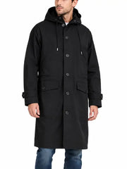 Front view of man wearing black button-front hooded trench coat