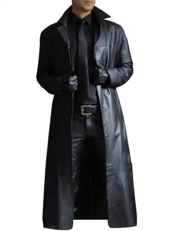 Men’s Classic Black Long Leather Coat