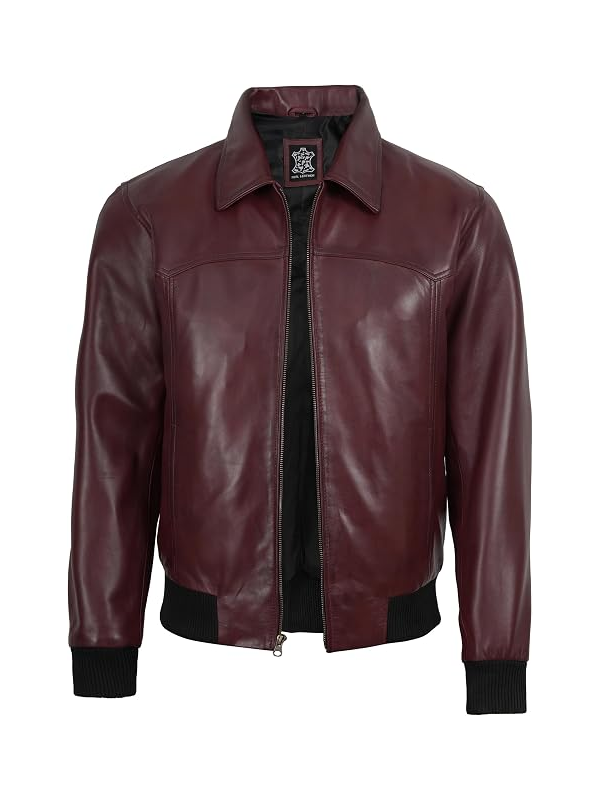 Men's maroon leather jacket front view with zip open