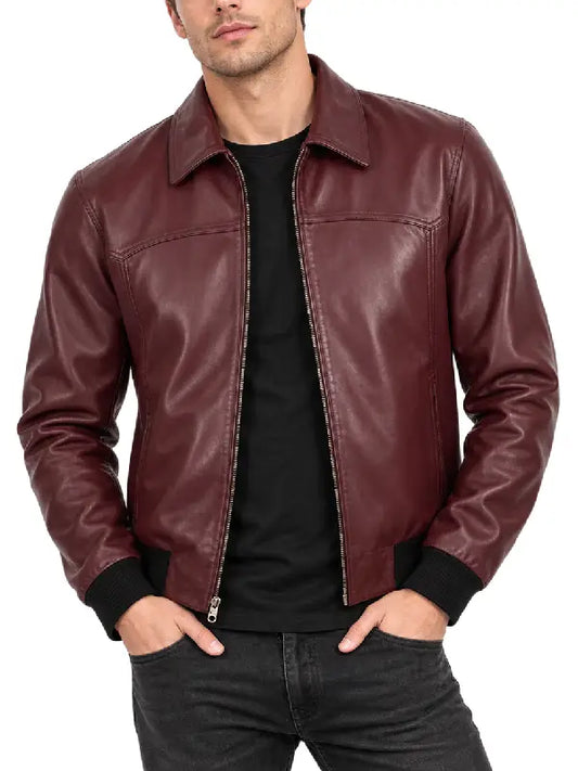 Men's maroon leather jacket front view with zip open
